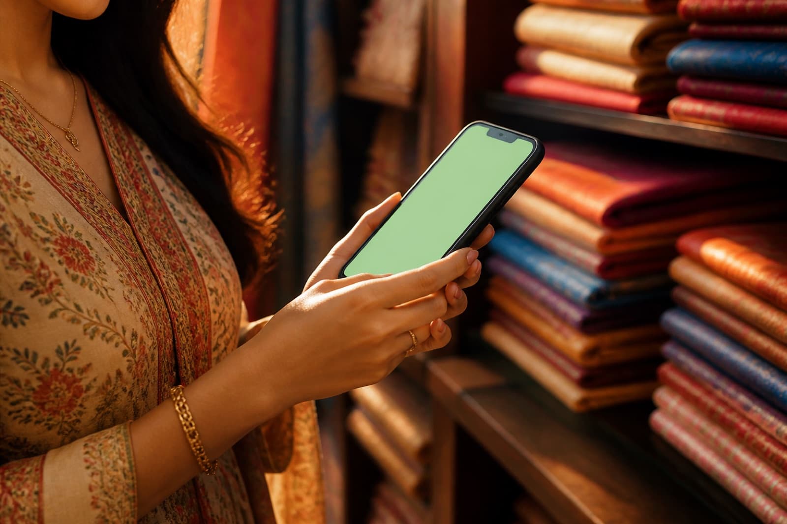 Shopkeeper holding a phone in a textile shop, ready to answer a buyer