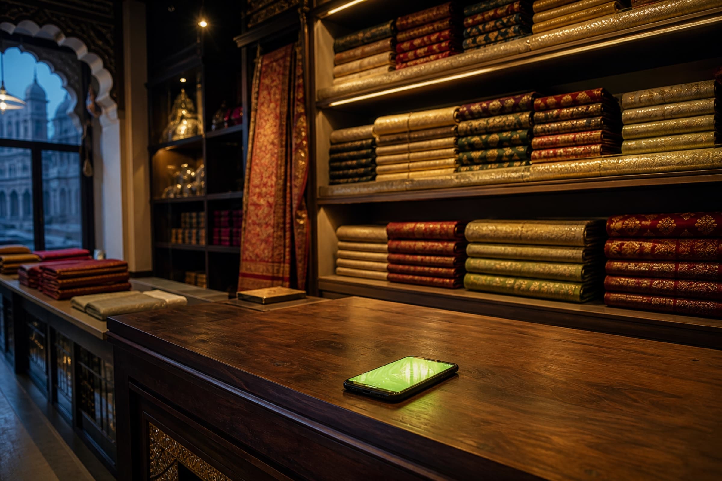 Jaipur textile shop at dusk, a phone glowing on the counter