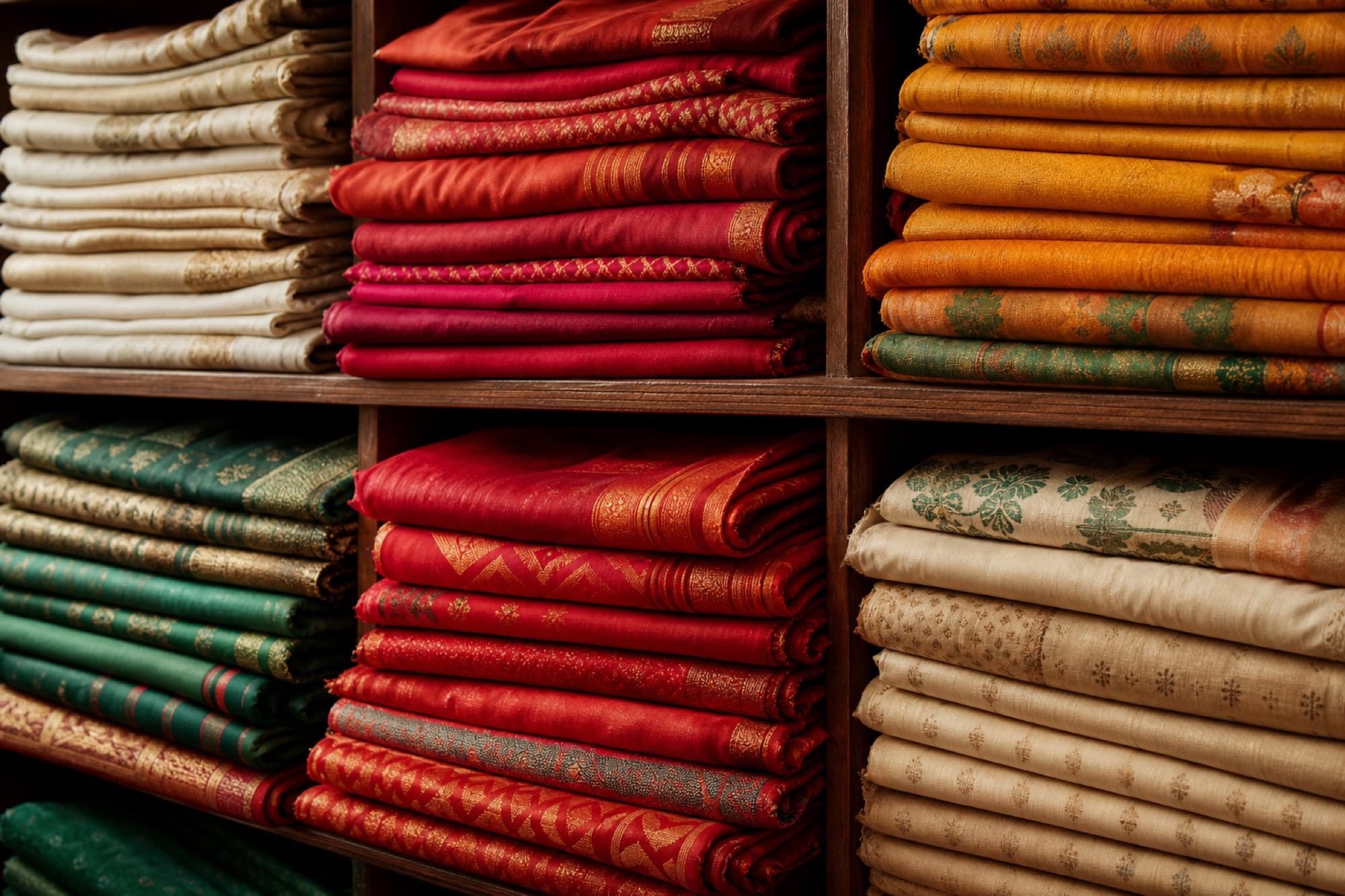 Stacked handloom fabrics in a shop